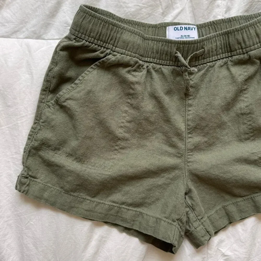 old navy Olive green linen shorts youth sz‎ XL 14 16 pockets lightweight elastic